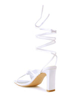 Load image into Gallery viewer, CHASM RUCHED SATIN TIE UP BLOCK HEELED SANDALS
