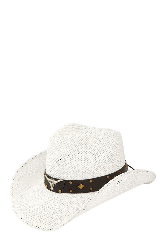 Cow Buckle and Cowboy Style Beaded Straw Hat