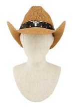 Load image into Gallery viewer, Cow Buckle and Cowboy Style Beaded Straw Hat
